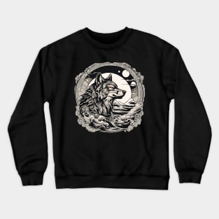 Vintage Japanese Tattoo Art Moonlight Mountain Wolf Crewneck Sweatshirt